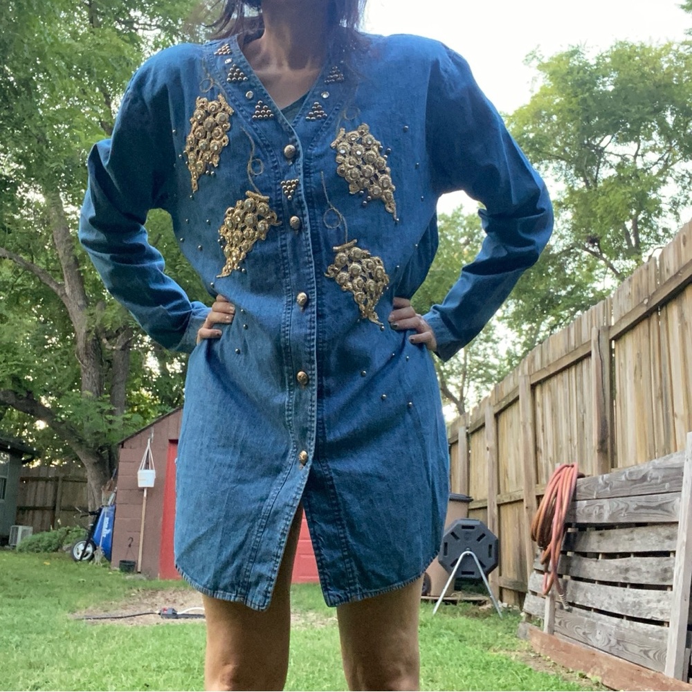 Vintage The Basic Original long sleeve denim gold gemstone tunic dress jacket